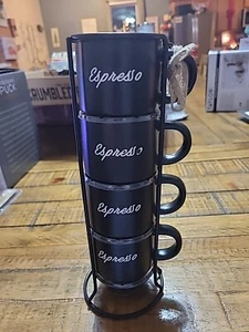Set of 4 Stacked Black Stoneware Espresso Mugs + Stand - Picture 1 of 2