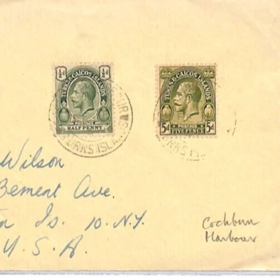 Cubierta 5d Islas Turcas y Caicos KGV *Cockburn Harbour* CDS EE. UU. NY YJ336 Foto 1 de 4