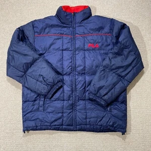 VINTAGE Fila Puffer Jacket Mens XL Loose Fit 90s Navy Blue Red Padded Coat - Picture 1 of 13