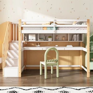 Hochbett 90x200cm Kinderbett Massiv Etagenbett mit Schreibtisch Schrank Treppe - Bild 1 von 8