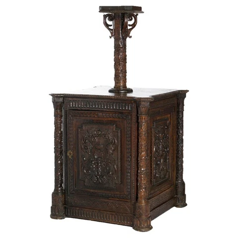 Early Antique Continental Carved Oak Reliquary Cabinet & Carved Columns 18th C Cover