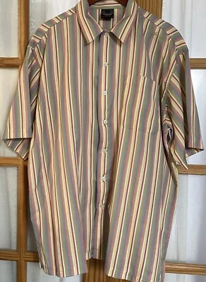 Makaveli Striped Button Shirt Mens XL Short Sleeve Pocket Beige Casual Academia - Image 1 of 4