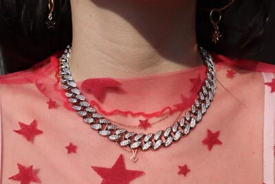 Collar de cadena gargantilla de diamantes con eslabones cubanos Miami de oro de 14 k de 16 pulgadas para mujer sólido Foto 1 de 4