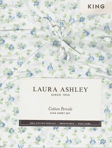 Laura Ashley King Sheet Set Petite Fleur Powder Blue Floral 4p Cottage Farmhouse - Picture 1 of 4