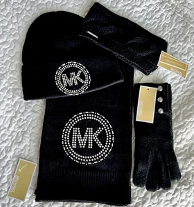 $194 Michael Kors 4 Piezas Tachonado BUFANDA, SOMBRERO, GUANTES Juego de 3 Piezas + CINTA PARA LA CABEZA NEGRA * - Imagen 1 de 5