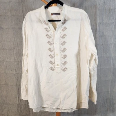 Camisa Pullover John Henry XL $85 Crema Bordada Manga Larga Abotonada Foto 1 de 4