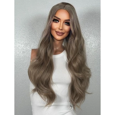 Peluca de mezcla de cabello humano ondulado rubio ceniza leonado oscuro con flequillo, alopecia pérdida de cabello Foto 1 de 4