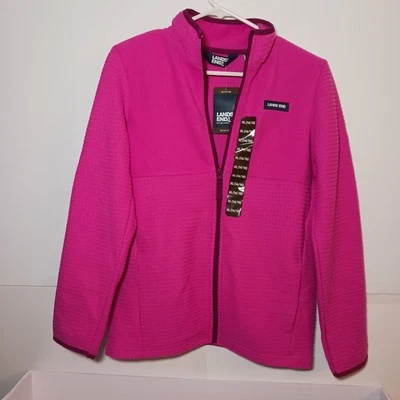 Lands End Grid Fleece Full Zip Long Sleeve Jacket Youth Girls Sz XL 14-16 Pink - Image 1 of 4