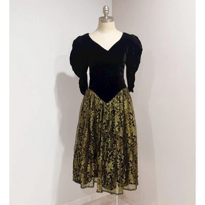 Expo Nite Vintage 80s Black Velvet Gold Lace Puff Sleeve Formal Dress Size 8 - Image 1 of 4