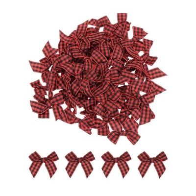 50 Piezas Mini Arco Cinta Guinga 1.5" Tela a Cuadros Satinado Negro y Rojo Foto 1 de 4