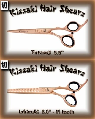 Combo tesoura de corte de cabelo Kissaki 5,5" e tesouras de desbaste de 11 dentes ouro rosa - Imagem 1 de 3