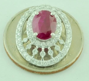 14k White Gold Ladies Natural Oval Ruby & Diamond Pendant July Birthstone - Picture 1 of 10