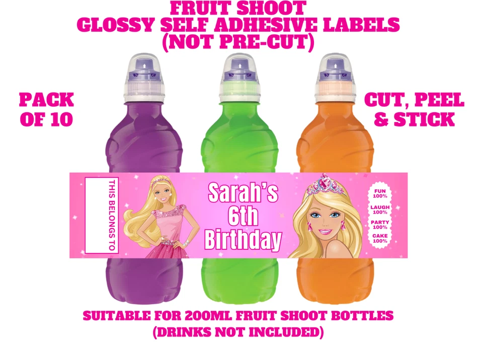 10 X Personalised Barbie Fruit Shoot Bottle Self Adhesive Label Wrapper Party