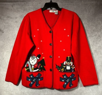 Cárdigan Suéter Vintage Navidad Polar Cascanueces Papá Noel Rojo Botón XL Foto 1 de 4