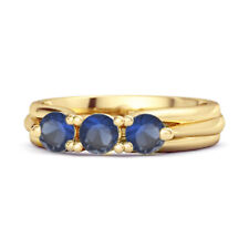 Blue Sapphire Three Stone Harmony 925 Sterling Silver Yellow Plated Women Ring