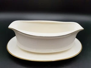 Vintage Porcelain Gravy Boat W/ Attatched Plate, White With Gold trim - Picture 1 of 6