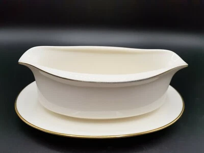Vintage Porcelain Gravy Boat W/ Attatched Plate, White With Gold trim - Image 1 of 4