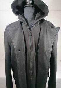 GUESS Men's Black Wool Blend Hooded Coat Size M Button Zip Up Lined - Picture 1 of 18