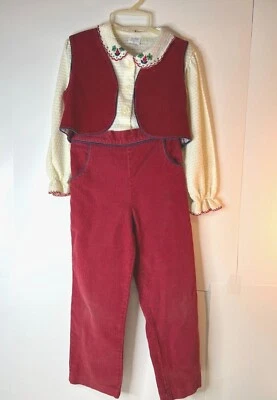 Vintage Carter's Girls 3 Piece Outfit Red Corduroy Vest Pants White L/S Blouse-5 - Image 1 of 4