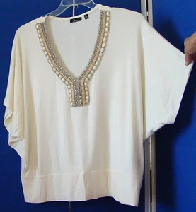 Usado en Excelente Condición Precioso TOP por STRAZZI con Escote en V Pesadas CUENTAS MARFIL Talla XL Lavable - Imagen 1 de 6