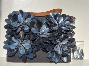 Marni Black-Brown Leather-Fabric Sewn Floral Top Zip Flat Clutch - Picture 1 of 9
