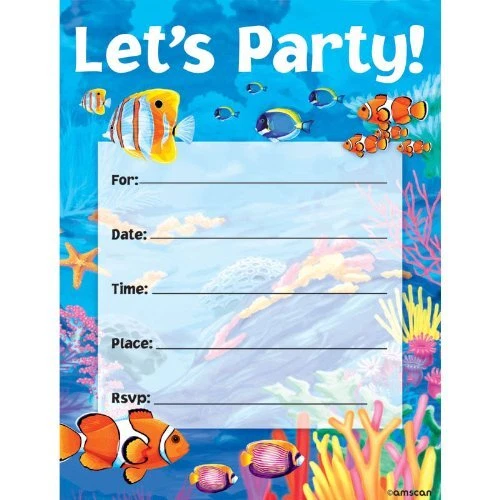 Tropical Summer Ocean Sea Fish Beach Luau Theme Party Invitations w/Envelopes - Image 1 of 1