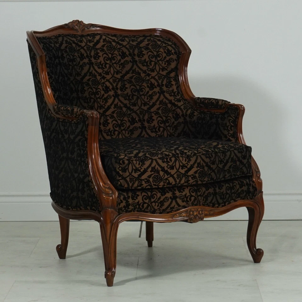 French Bergere Louis Lounge Arm Chair Mahogany Black Damask - Image 1 of 4