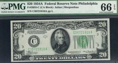 $20 1934A Philadelphia FRN. Fr. 2055-C. PMG 66 EPQ.  - Image 1 of 2