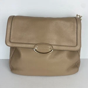 Oroton Shoulder Bag Womens Beige Leather Fold Over Large Satchel Gold Chain - Picture 1 of 14