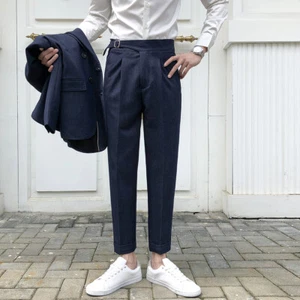 Men High Waist Straight Naples Pant Retro Paris Buckle Dress Pant Casual Trouser - Picture 1 of 19