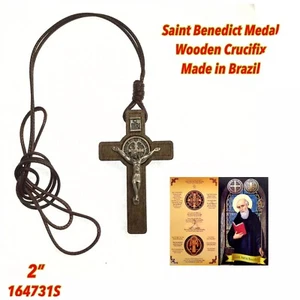 Saint St Benedict Medal wood Cross Crucifix Pendant Necklace San Benito Medalla - Picture 1 of 4