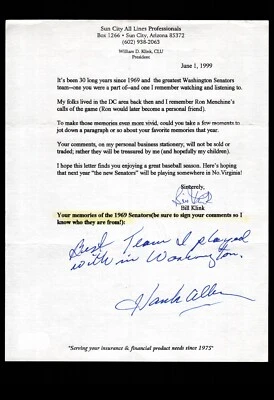 FAN LETTER RESPONSE - WASHINGTON SENATORS OF HANK ALLEN re: 1969 team BAS cert - Image 1 of 2