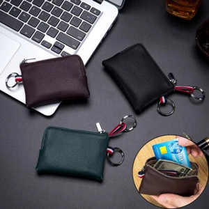 Bolso de cambio de monedas de cuero para hombre billetera con cremallera con llavero - Imagen 1 de 13
