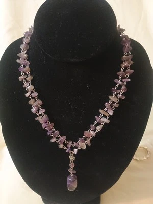 Collar Doble Hilo Amatista Chip Tono Plata Cierre Piedras Pulidas Boho Foto 1 de 3