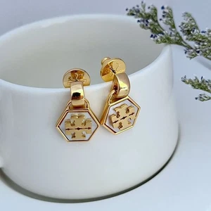 New! Tory Kira Hexagon Logo Earrings with Jewelry Pouch white - Picture 1 of 3