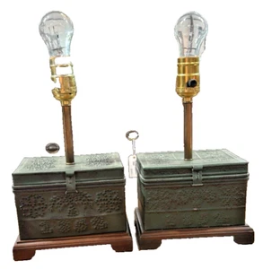 Pair Of Small Vintage Green Punched Tin lamps -Flowers, Palm Tree & 1852 - Picture 1 of 8