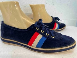 Sz 8 NOS Vtg Grasshoppers Shoe Navy BLUE Velvet Velour Sneaker 3-Stripe Red Tan - Picture 1 of 12