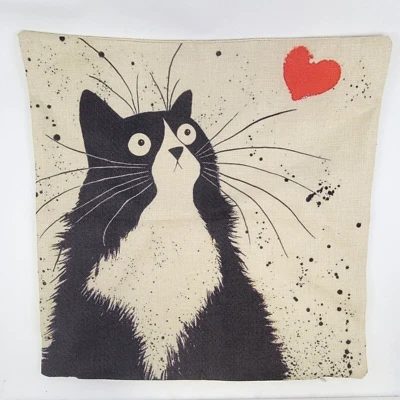 Pillow Cover Square Cotton Canvas Black & White Cat Red Heart Love  17" x 17" - Image 1 of 4