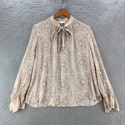 Blusa Campesina Lucky Brand Top Mujer Pequeña Beige Estampado Cachemira Corbata Cuello Lazo Foto 1 de 4