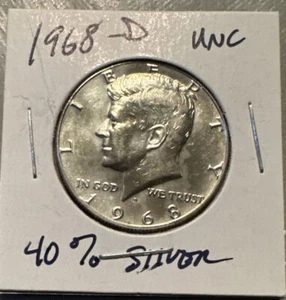 1968-D Kennedy Silber Half Dollar 50C 40% US Münze White Luster UNC BU MS! #317 - Bild 1 von 3