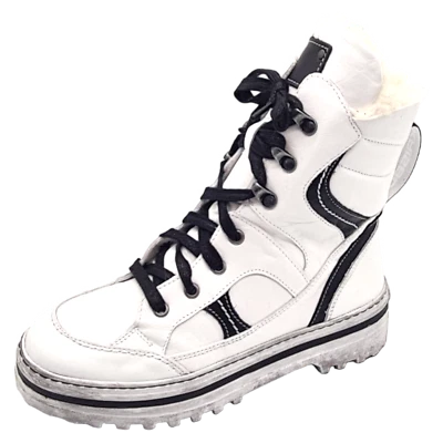 KRISBUT Damen Stiefel Schnürboot mit Lammwollfutter 3228-7-3 Weiß -Schwarz