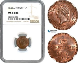 AH572, France, Second Republic, 1 Centime 1851 A, Paris Mint, NGC MS64RB - Picture 1 of 1