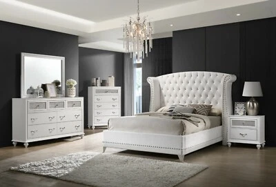 Modern Barzini 5pc Bedroom Set King Size Bed White Velvet Coaster 300843KE-S5 - Image 1 of 4