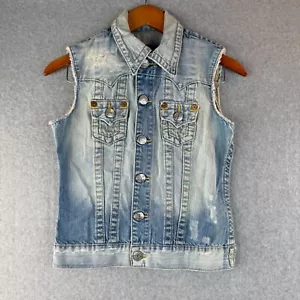 Y2K True Religion gilet denim camionista lavato streetwear invecchiato taglia XS $275 - Foto 1 di 5