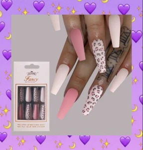 30pc Long Pink Leopard Fake Nail Tips Glue Press On Artificial Coffin No Box - Picture 1 of 5