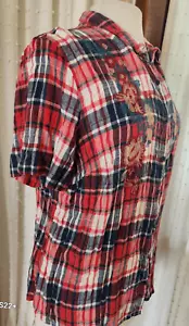 MAURICES red blue plaid button-up shirt with floral embroidery women's 3 - Picture 1 of 12