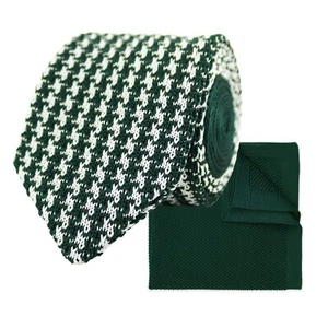 Men's Dark Green Knitted Neck Tie With Houndstooth Design & Pocket Square - Picture 1 of 5