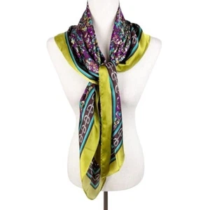 Vintage Oversized Silky Satin Square Scarf Equestrian Print Purple Green Speckle - Picture 1 of 6