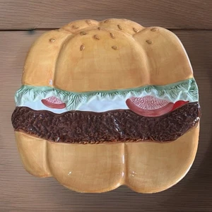 EMBOSSED CERAMIC HAMBURGER 13" × 13" PLATE SHAPE SERVING PLATTER - Picture 1 of 4
