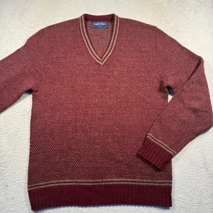 Vintage 90s Robert Bruce Mens V-Neck Wool Sweater L Burgundy Tan Made in USA - Picture 1 of 4